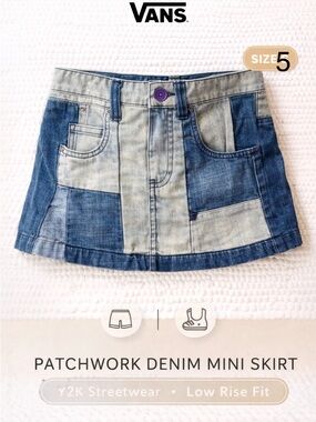 Vans Patchwork Denim Mini Skirt Y2K Streetwear Size 5 Blue